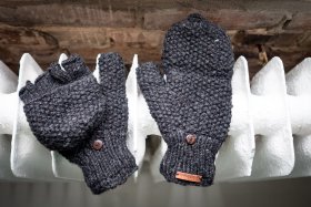 Rękawiczki wełniane z klapką Czarne - Feltiness